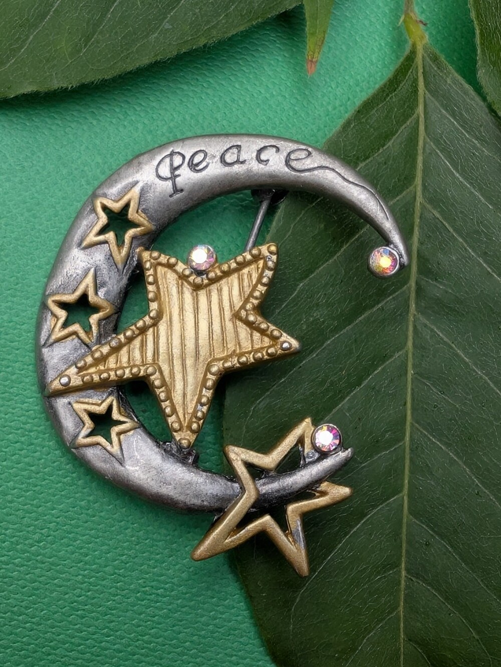 Star & Crescent Peace Brooch with Rhinestones By Patricia Dash Darling